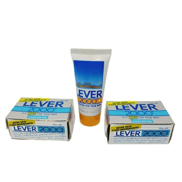2pc Lever 2000 Unscented Deodorant Soap .1 OZ Trial Sz NOS 1994 Free Liquid Soap - Picture 2 of 6